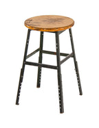 fully adjustable late 1940's vintage american industrial olive green enameled angled steel factory stool with original solid maple wood seat