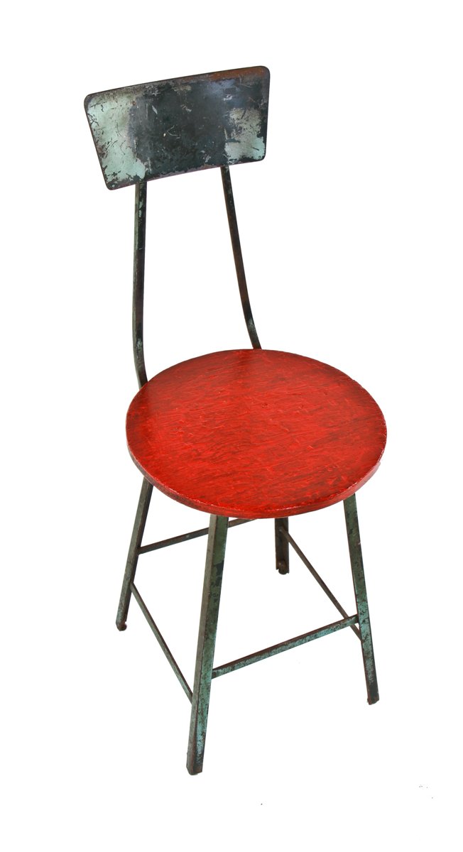modified c. 1930's american vintage industrial four-legged welded joint factory machinist stool with weathered red painted wood seat