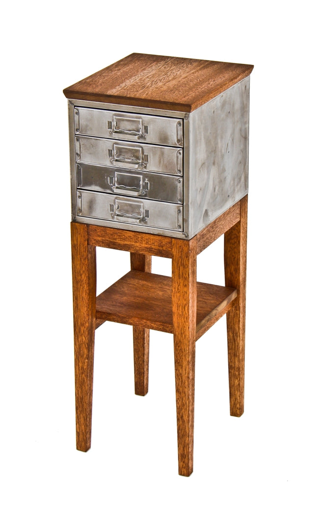 marvelous vintage industrial repurposed multi-drawer folded and pressed steel cabinet with hand-crafted mahogany wood tapered leg base