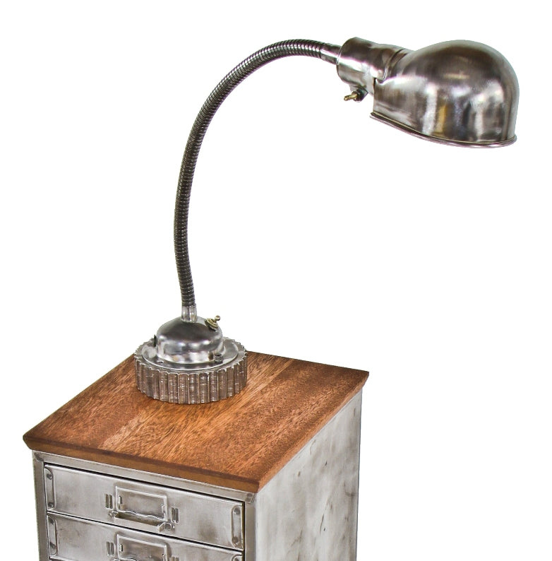 marvelous vintage industrial repurposed multi-drawer folded and pressed steel cabinet with hand-crafted mahogany wood tapered leg base