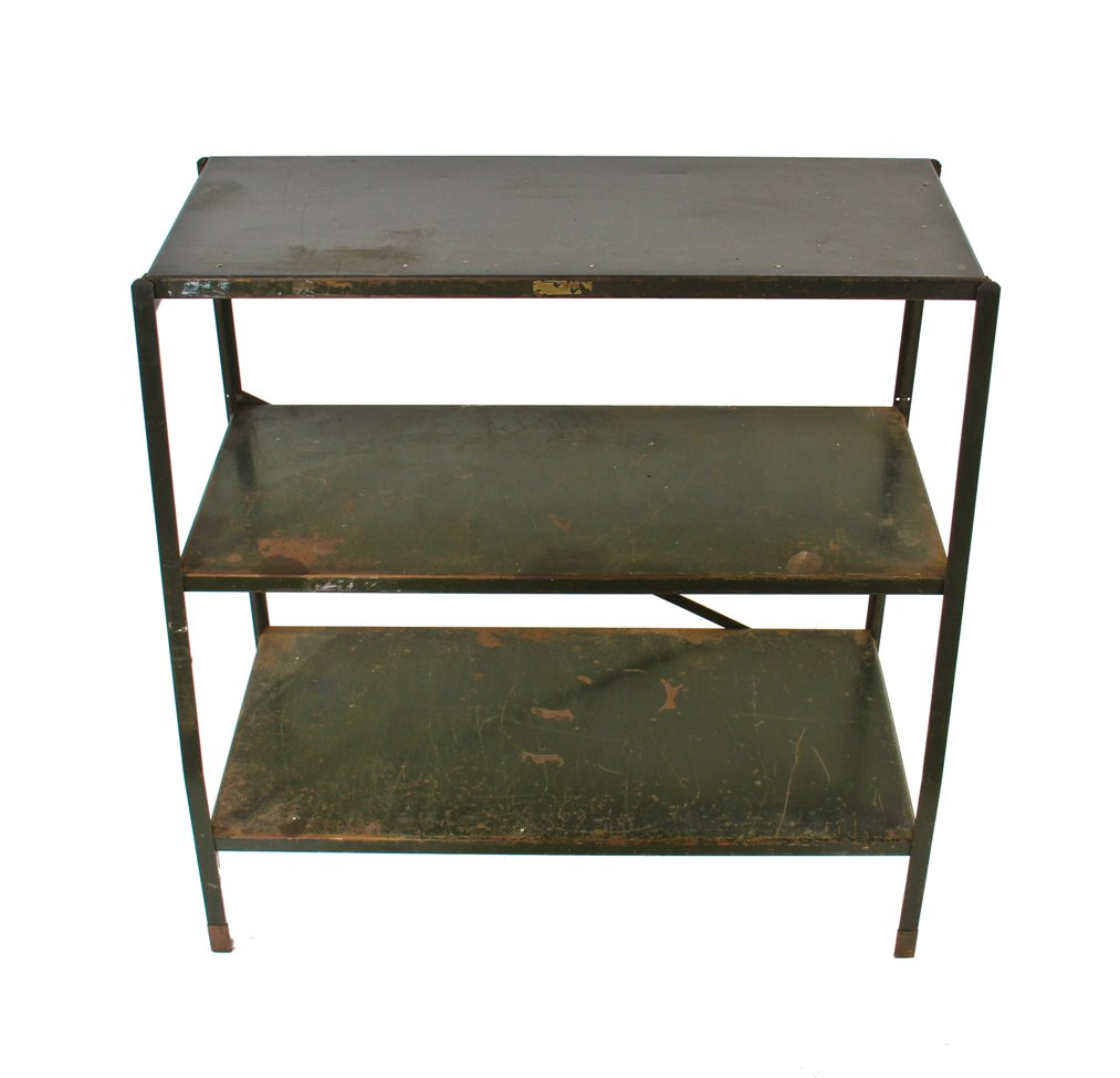 well-built late 1920's original three-tier stationary four-legged angled steel store fixture display shelf with original olive green baked enameled finish
