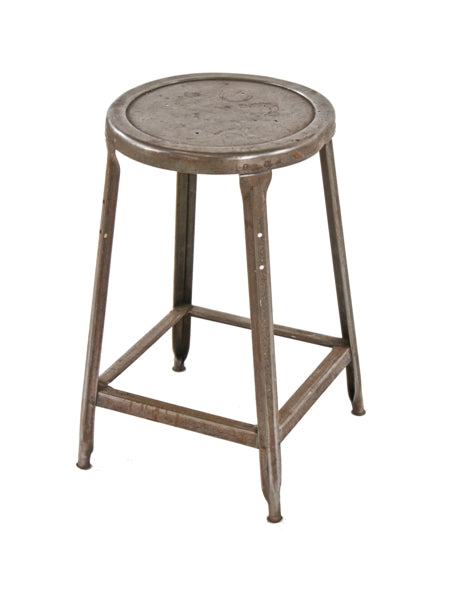 early 1950's original vintage american industrial four-legged pressed and folded stamped steel low-lying factory workbench stool with channel brace footrest