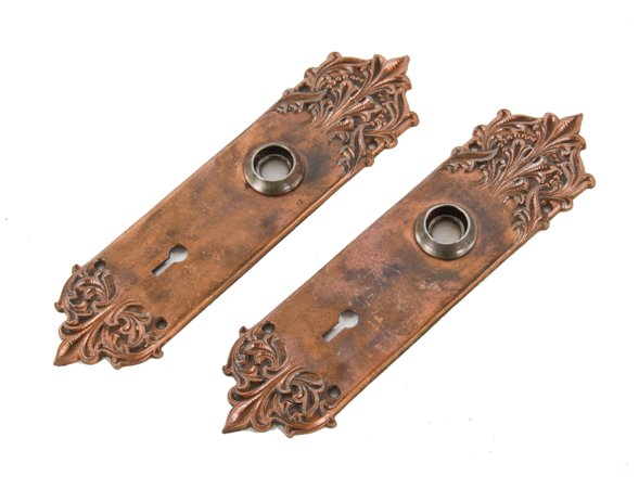 original early 20th century antique american ornamental cast iron "panama" pattern copper-plated residential passage door backplates