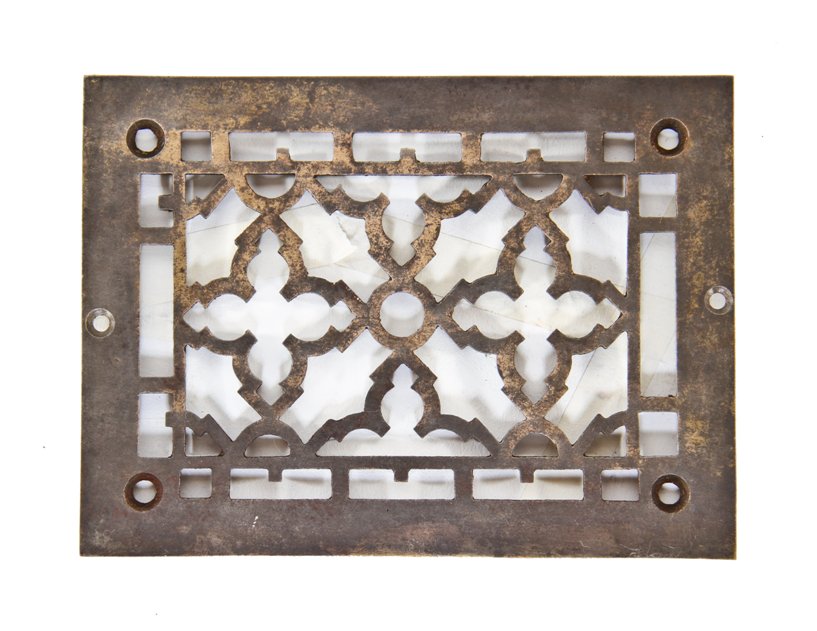 original petite-sized late 19th century antique american "persian" pattern interior residential air intake register or grate with brass plating