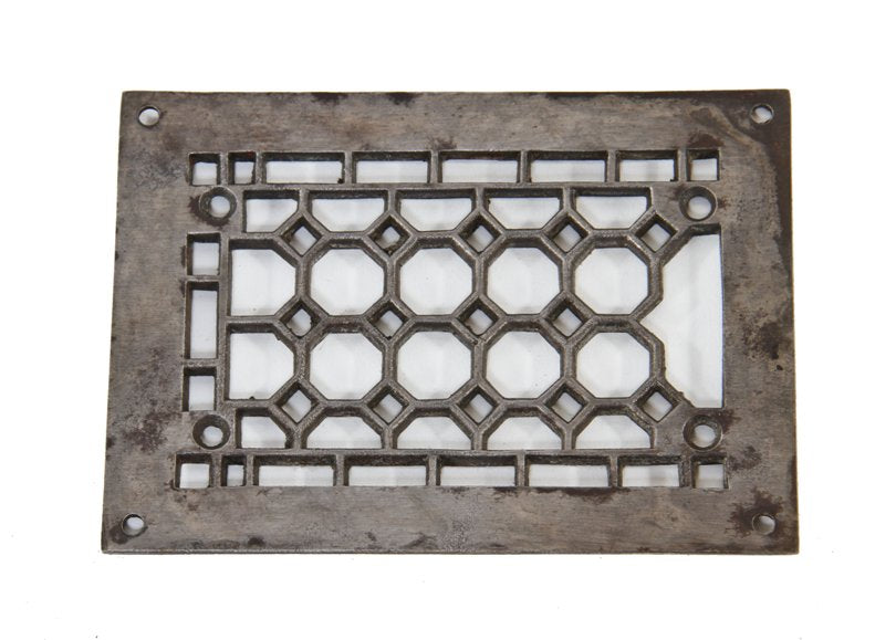 hard to find early 20th century antique american "geometric" pattern interior residential ornamental cast iron air intake grate with bare metal finish