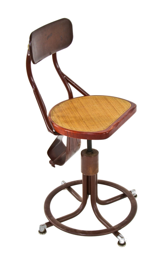 all original highly desirable c. 1930's american vintage industrial western electric switchboard operator adjustable height chair with intact purse holder