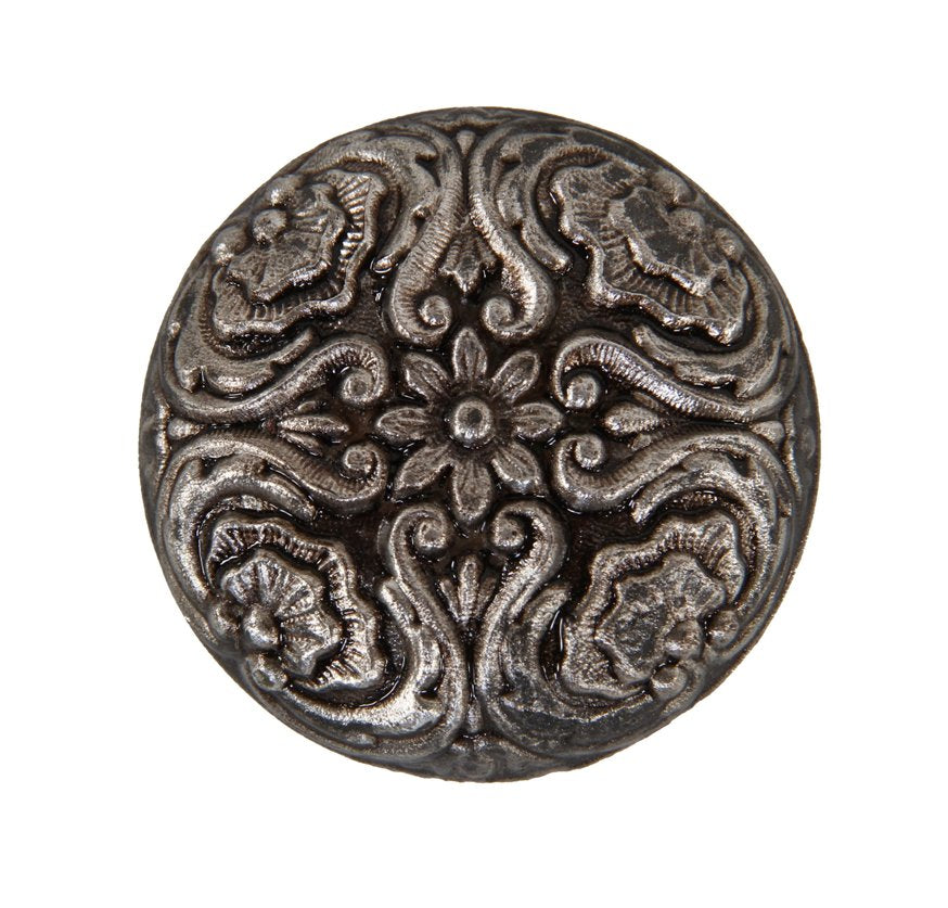 original c. 1860's ornamental cast zinc or possibly pewter interior residential footed shank doorknob with intricate floral motifs