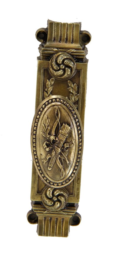 fanciful early 20th century ornamental cast brass chicago mansion interior french door cremone bolt handle with deeply embossed leafage and ribbons