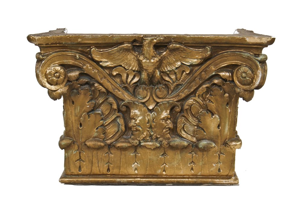 all original american depression era interior nortown theater lobby gold leaf cast plaster column capital with spread-winged eagle