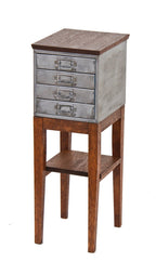 impressive repurposed vintage american industrial mahogany wood and pressed steel diminutive nightstand or side table with undershelf