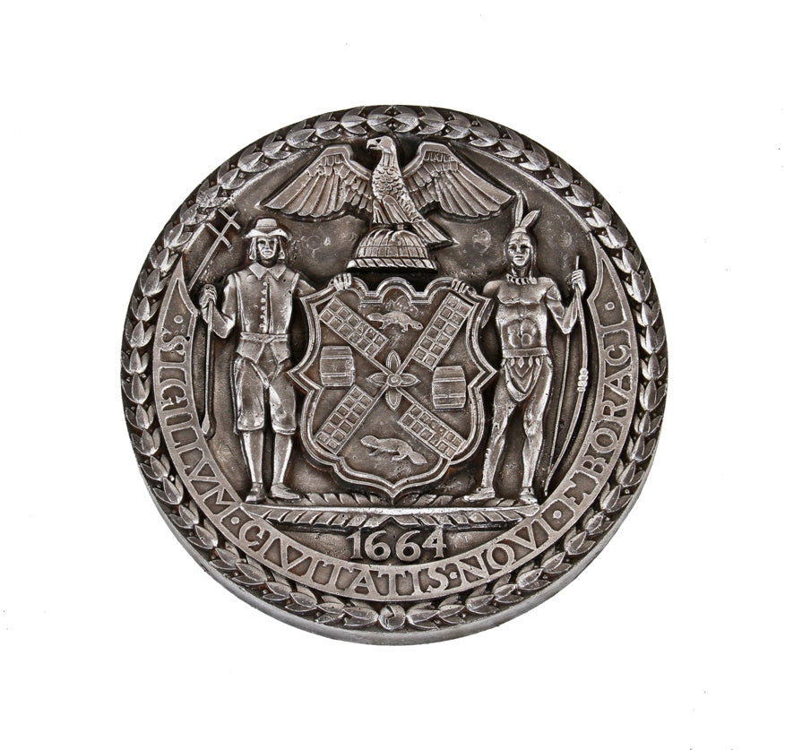 very rare original american depression era c. 1930′s wpa-era ornamental cast iron west side elevated highway surface mount emblematic rondel or plaque