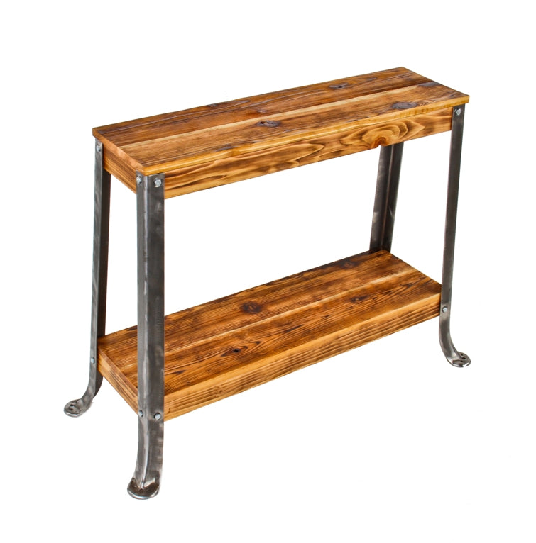 reconfigured c. 1940's vintage american industrial stationary side table with undershelf and pressed and formed "lyon" steel legs with flared feet