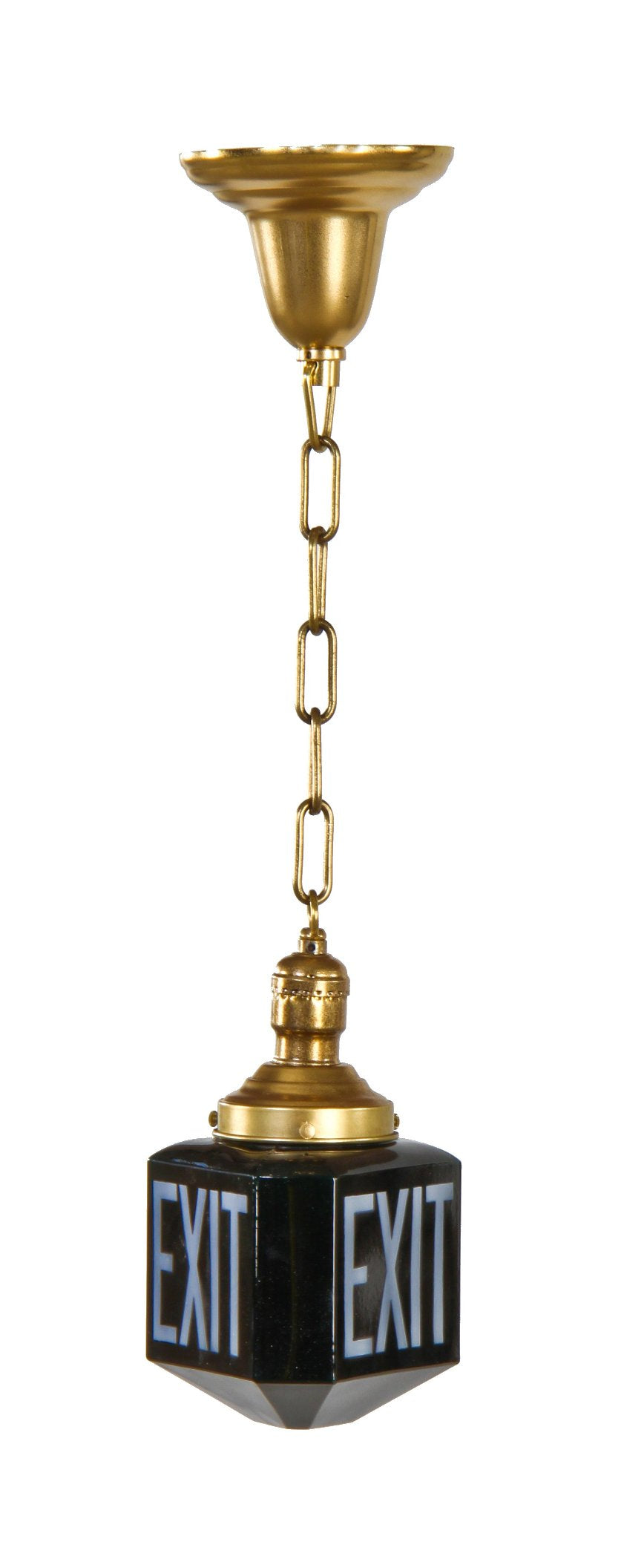 highly desirable c. 1920's american art deco three-sided emerald green glass pendant light with original baked white enameled lettering