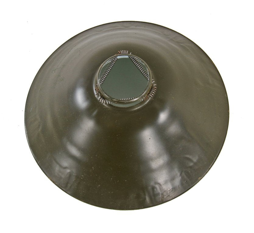 all original and intact c. 1940's american industrial military-issue olive drab porcelain enameled cold-rolled steel reflector