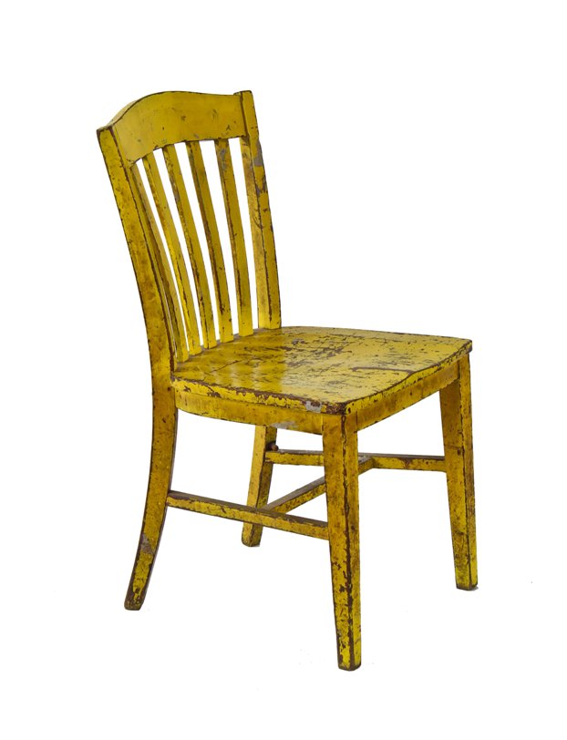 early 1940's antique american industrial nicely distressed yellow painted hardwood factory office four-legged vertical slat back stationary chair