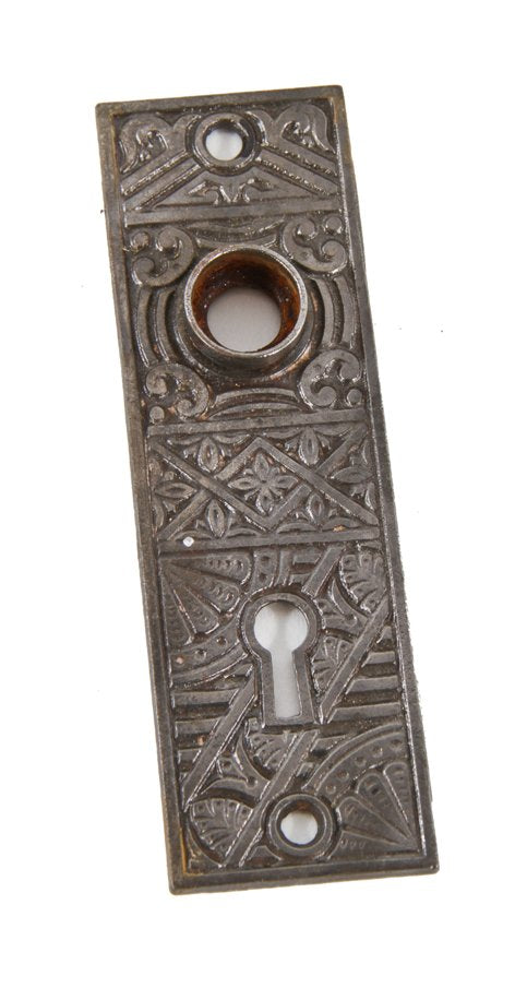 late 19th century original antique american ornamental cast iron interior residential doorknob backplate with mostly uniform brushed metal finish