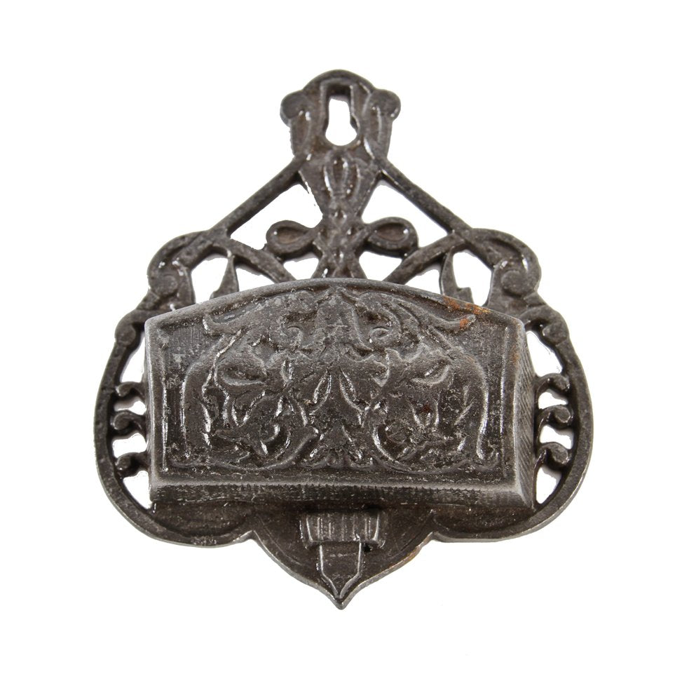 uniquely shaped 19th century ornamental cast iron interior residential wall-mount fireplace match holder with brushed metal finish