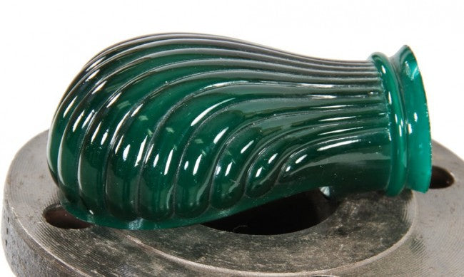 early 20th century highly desirable and richly colored emeralite green "cased glass" diminutive shell-shaped replacement glass shade with original "uno" fitter