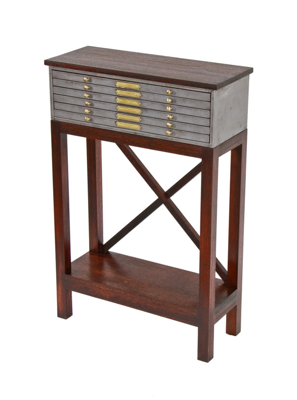 exquisitely repurposed american industrial freestanding compartmentalized brushed metal cabinet with newly added custom-built hardwood stand