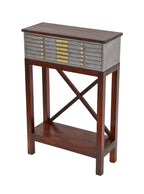 exquisitely repurposed american industrial freestanding compartmentalized brushed metal cabinet with newly added custom-built hardwood stand