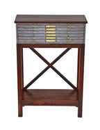 exquisitely repurposed american industrial freestanding compartmentalized brushed metal cabinet with newly added custom-built hardwood stand