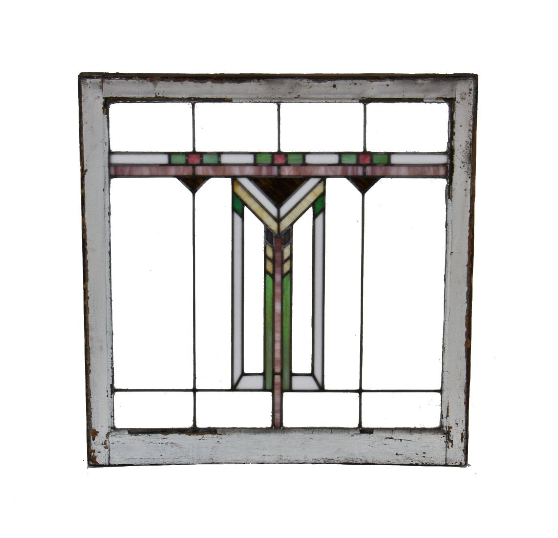 early 20th century american chicago prairie school style "wrightesque" leaded art glass interior residential window with original wood sash frame