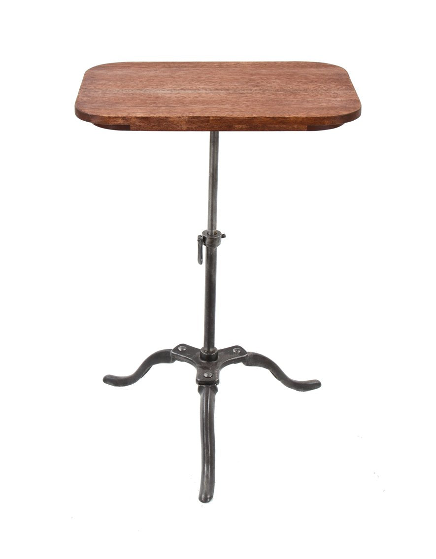 adjustable height repurposed american industrial three-legged wrought steel and iron side table with newly added mahogany wood top