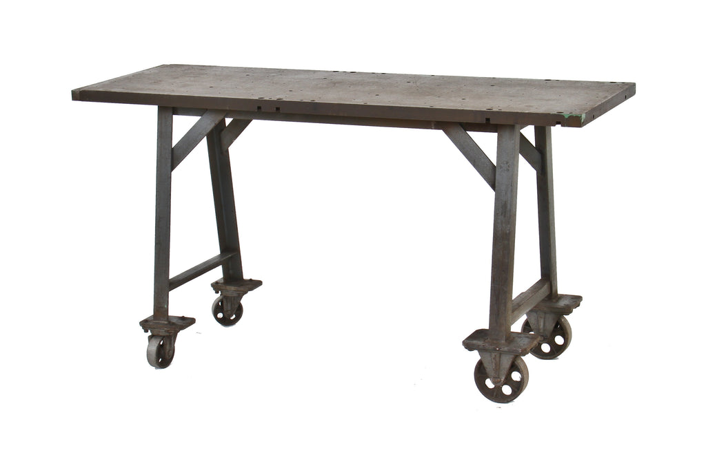 extremely durable early 20th century american industrial all-welded solid steel mobile factory machine shop workbench with fully functional iron casters