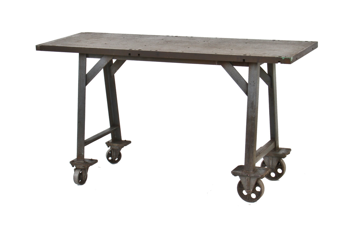 extremely durable early 20th century american industrial all-welded solid steel mobile factory machine shop workbench with fully functional iron casters