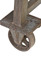 extremely durable early 20th century american industrial all-welded solid steel mobile factory machine shop workbench with fully functional iron casters