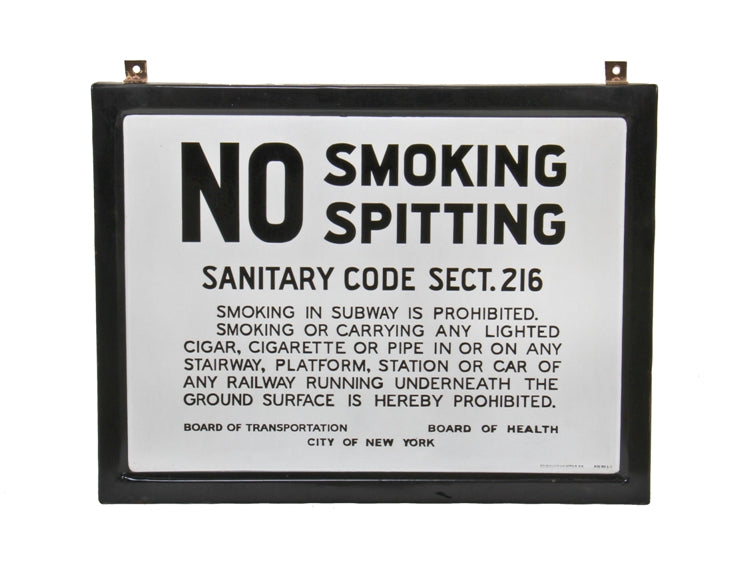 c. 1930's original american industrial single-sided heavy gauge steel black and white porcelain enameled "no smoking" new york city subway sign