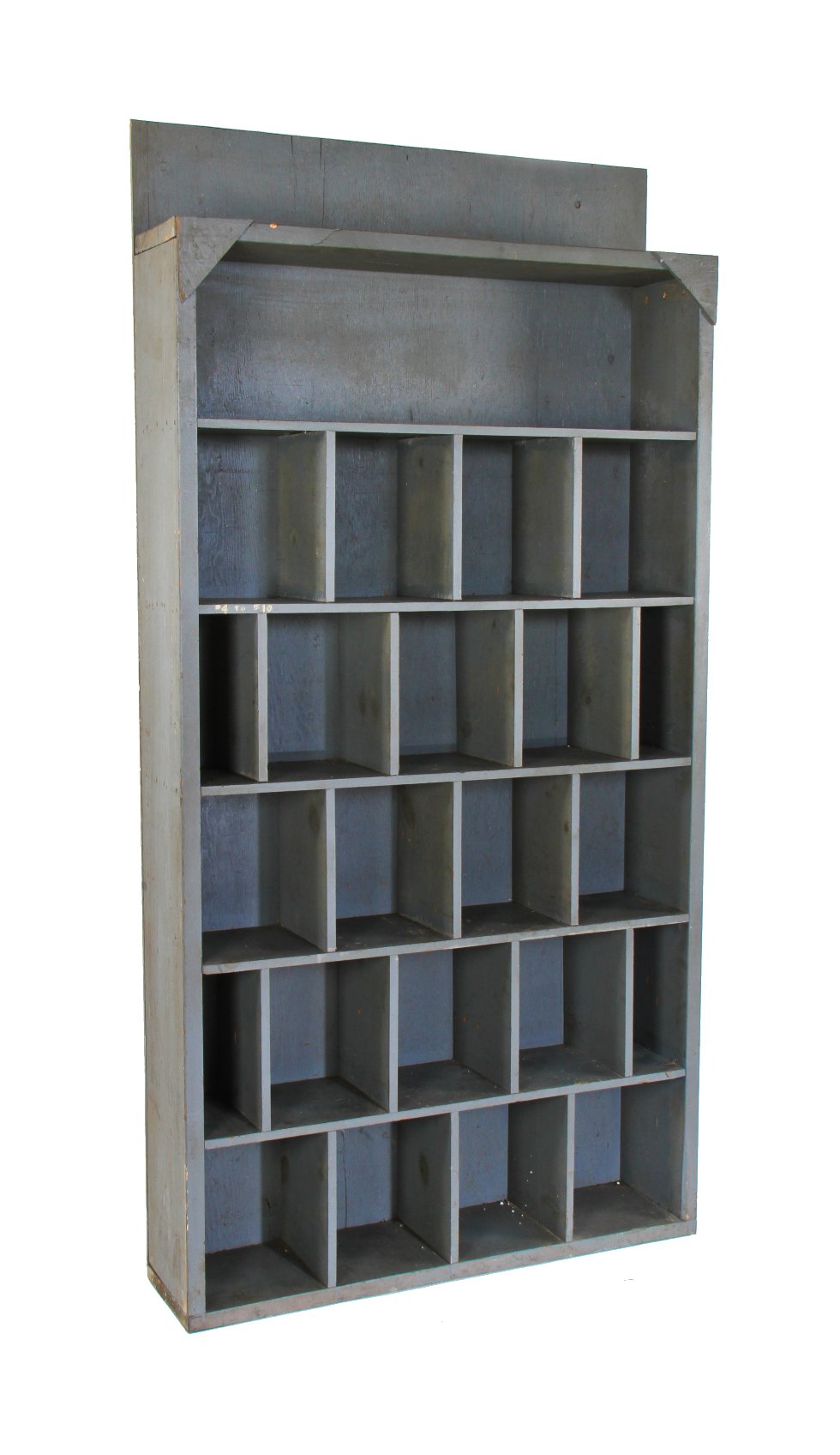 c. 1920's original oversized "battleship blue" freestanding custom-built pine wood american industrial steamfitter cubby hole cabinet