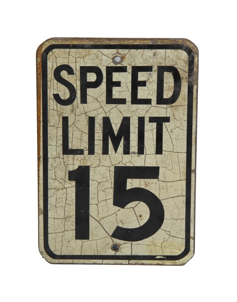 original vintage american heavy gauge die cut steel depression era chicago city street speed limit traffic sign with an allover crazed finish
