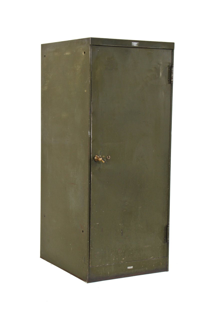 very robust multi-purpose c. 1920's antique american industrial factory office oversized heavy gauge steel "lock box" cabinet with t-handle