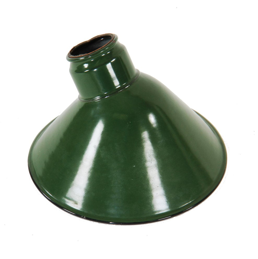 original late 1930's antique american industrial reinforced green porcelain enameled cold-rolled steel service station reflector or shade