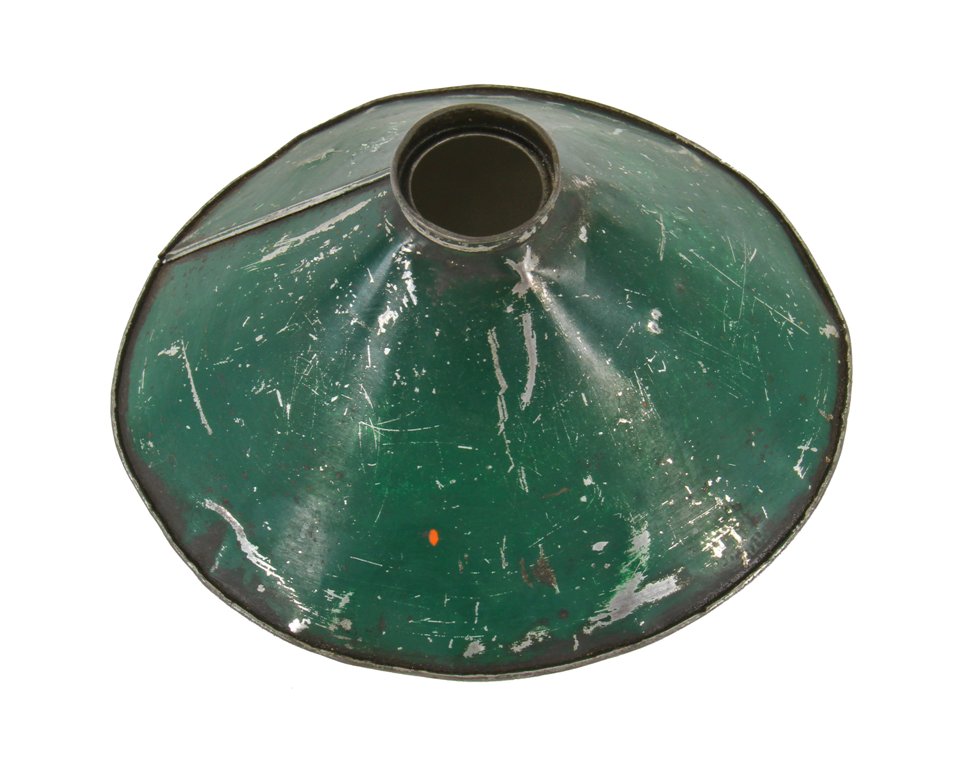 weathered and worn c. 1930's vintage american industrial conical-shaped factory machinist's pendant light rolled rim tin metal shade