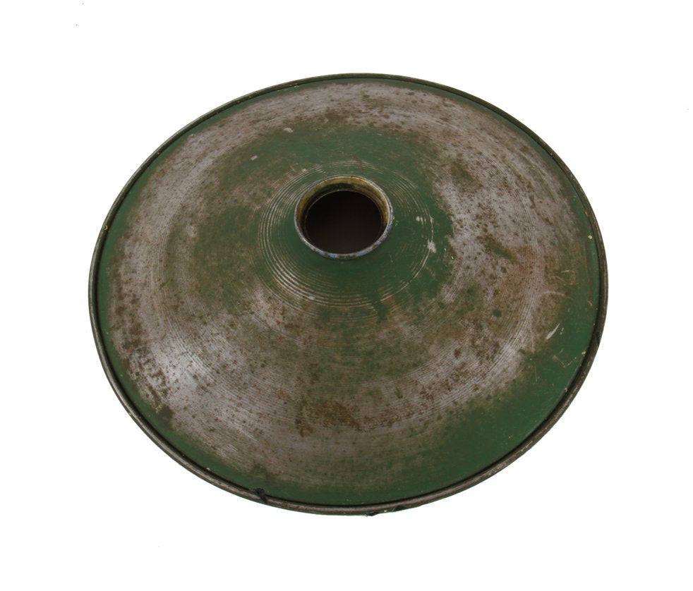 nicely worn c. 1920's american antique industrial heavy gauge steel "shallow cone" factory machine shop rolled rim pendant light reflector