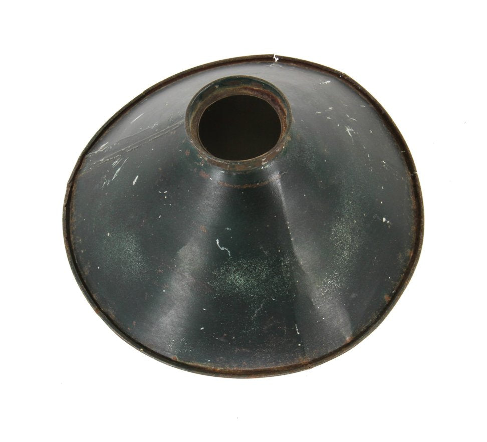 original c. 1910-20 american antique industrial conical-shaped "ostrander" dark green enameled folded tin metal machine shop pendant light shade