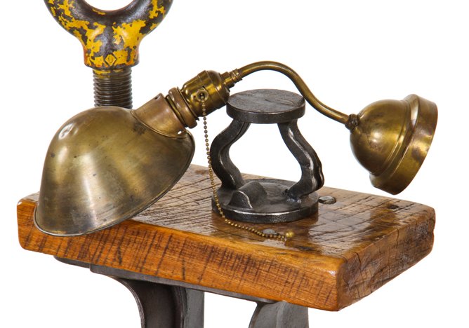 original and intact c. 1910 antique american industrial bent tubular brass wall-mount factory office light fixture with original pull-chain socket