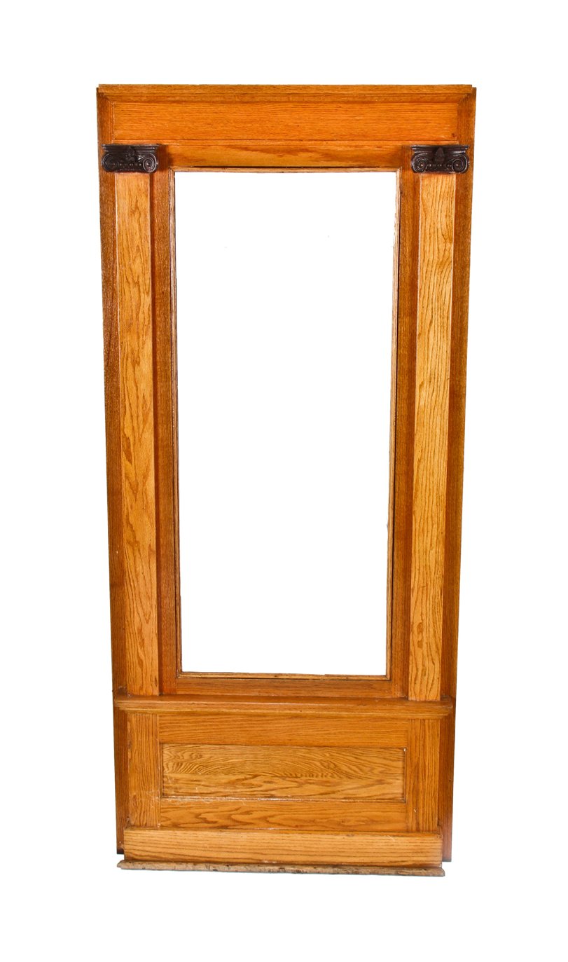 all original early 20th century golden oak wood wall-mount interior residential pier mirror with gesso ornamented ionic capitals