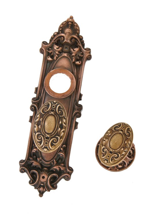 completely intact c. 1910 antique american ornamental cast bronze and brass "largo" pattern exterior entrance door hardware