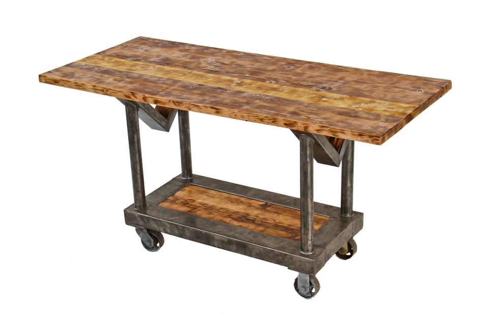 repurposed american industrial all-welded joint heavy gauge steel factory pipe storage rack cart with newly added distressed pine wood tabletop and undershelf