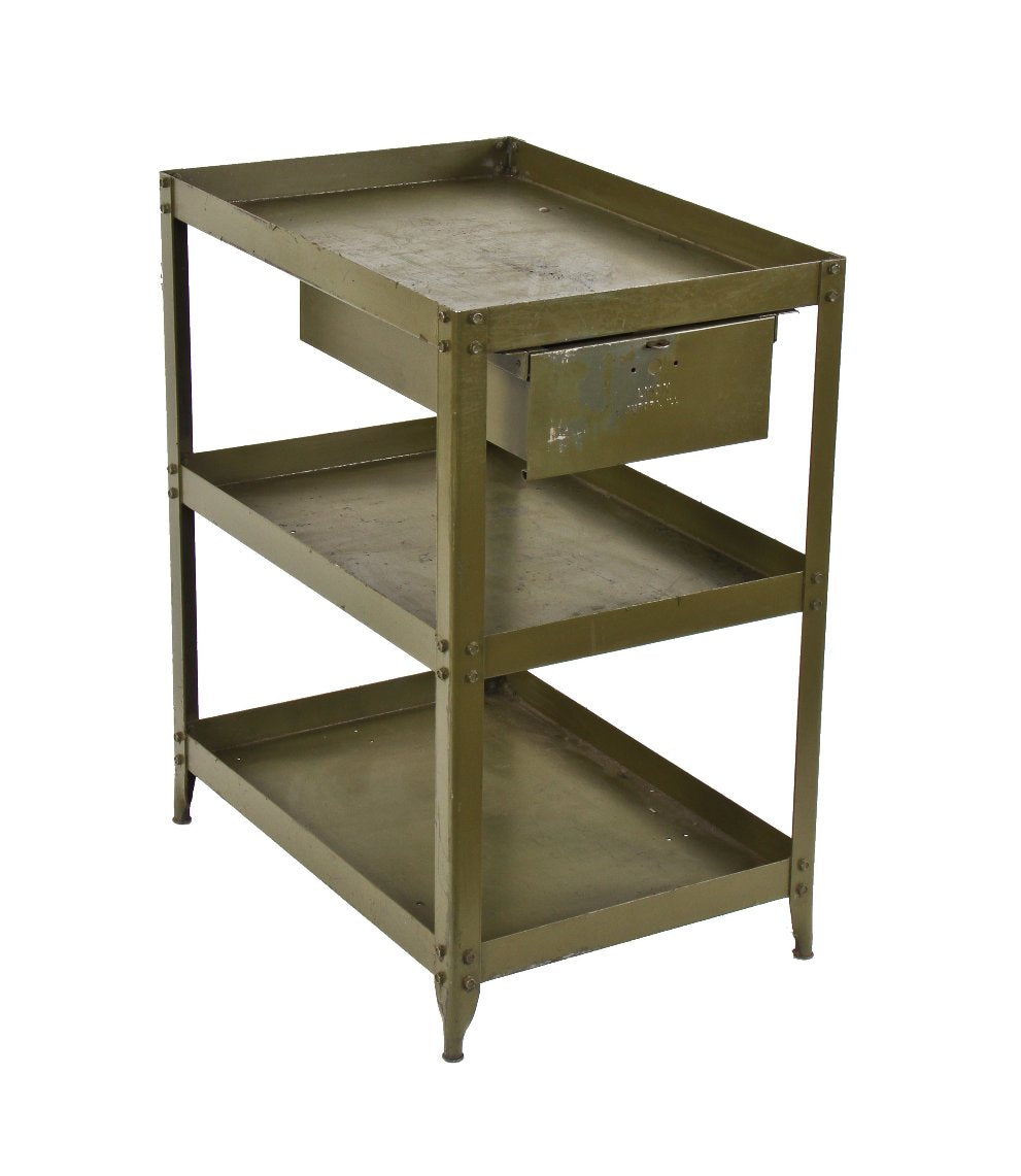 original and intact early 1950's american vintage industrial army green enameled three-tier pressed and folded steel side table