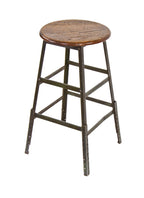 late 1940's original four-legged riveted joint angled iron pollard factory machinist stool with adjustable leg extensions and solid oak wood seat