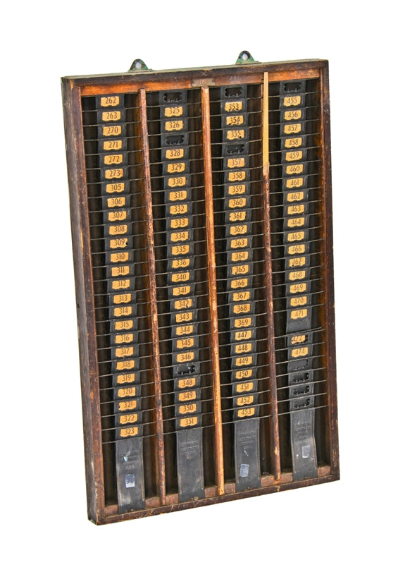 early 20th century largely intact antique american industrial oversized wall-mount paint factory "in" time card varnished oak rack with steel dividers