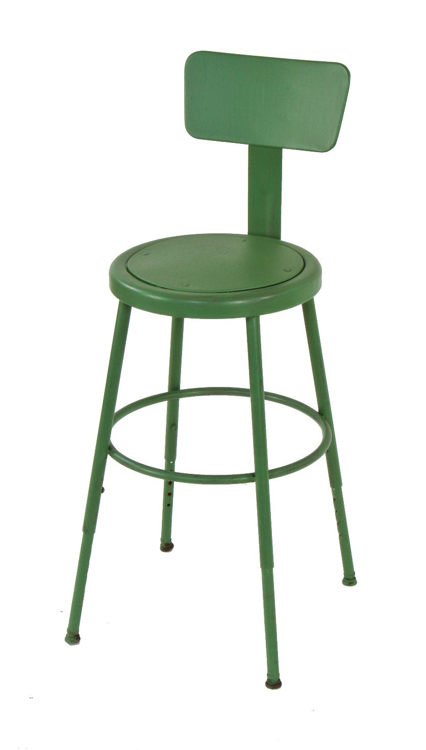 late 1950's vintage american industrial four-legged tubular steel factory machine shop stool with extension legs and backrest