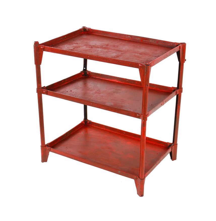hard to find c. 1930's reinforced antique american industrial red painted riveted joint steel and iron three-tier stationary shelving unit with corner guards