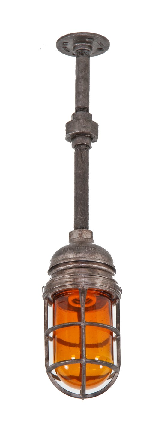 fully functional vintage american industrial single electric grain elevator "explosion proof" pendant light with original amber glass bulb guard