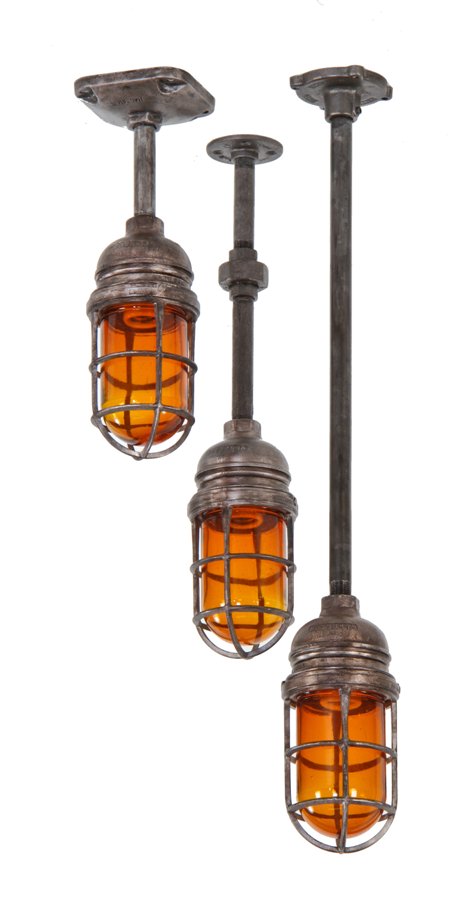 fully functional vintage american industrial single electric grain elevator "explosion proof" pendant light with original amber glass bulb guard