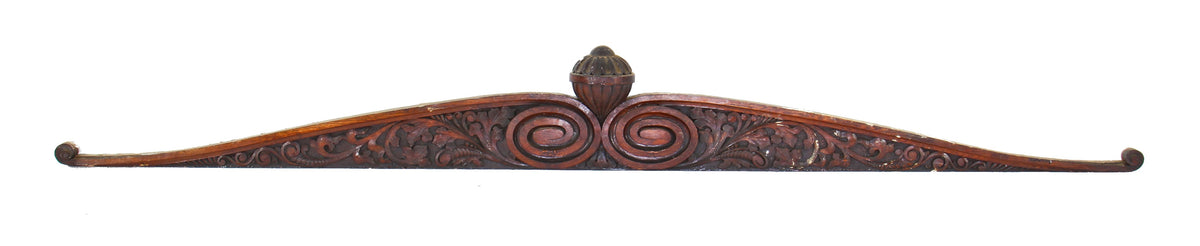 amazingly hand-crafted 19th century darkly varnished carved oak wood residential fireplace header with volutes and detailed foliage